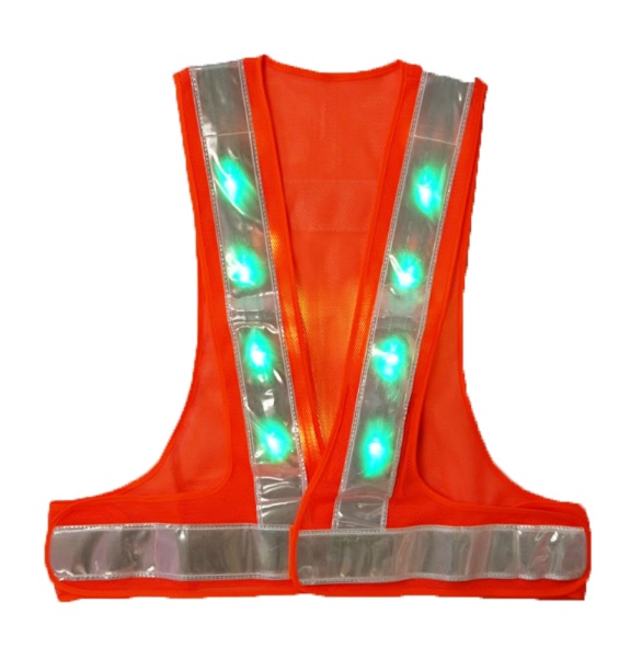 安全ベスト 緑色LED付 オレンジ/白 テープ幅60mm 背面∀型 LED-OW-G