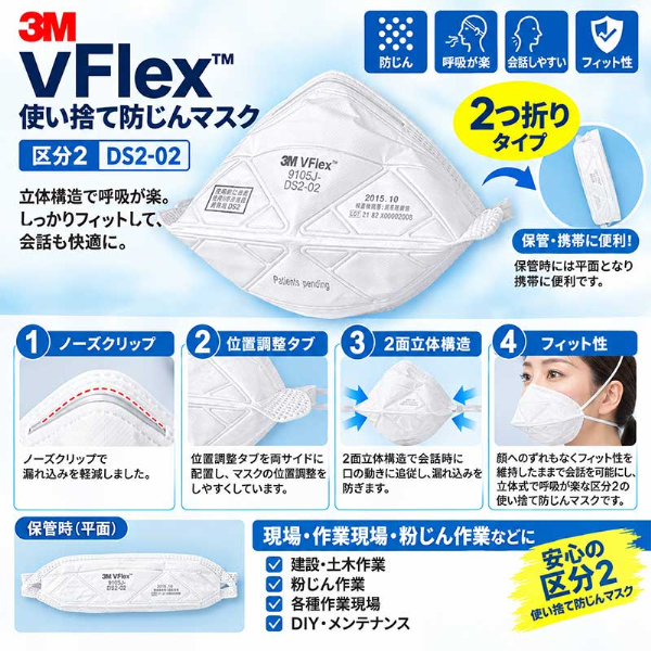 【20枚入】防じんマスク Vフレックス 9105J-DS2 3M スリーエム レギュラーサイズ 折りたたみ式 使い捨て 国家検定DS2合格品 N95同等 粉塵 溶接 作業用 感染対策 備蓄