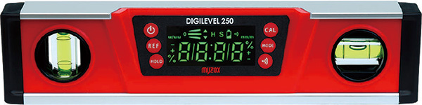 デジタル水平器 デジレベル250 DGL-250 W254mm×D27mm×H59mm 角度・勾配・立上がり測定 LED表示 IP54 マグネット付き  自動反転機能付 自己校正 マイゾックス myzox