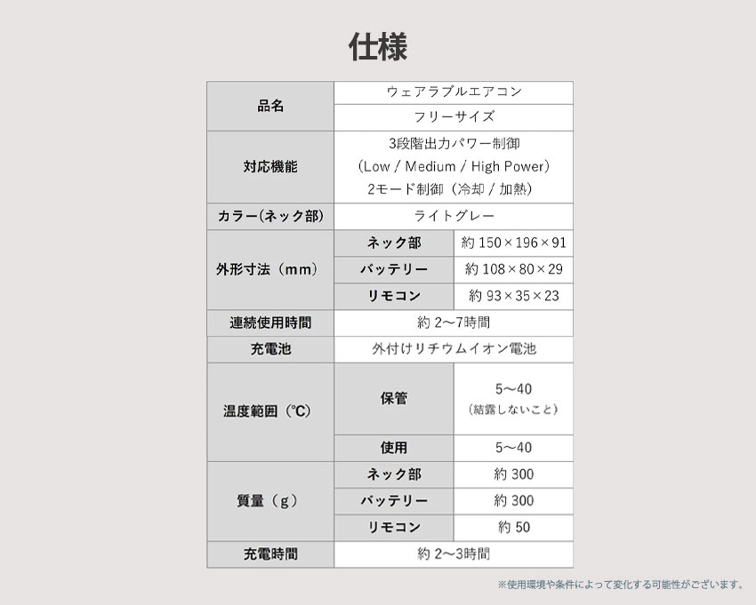 着るエアコン ウェアラブルエアコン　仕様